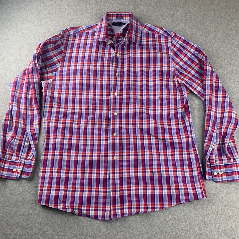 Tommy Hilfiger Button Down Shirt 17 34/35 Red Blue Plaid Slim Fit Long Sleeve